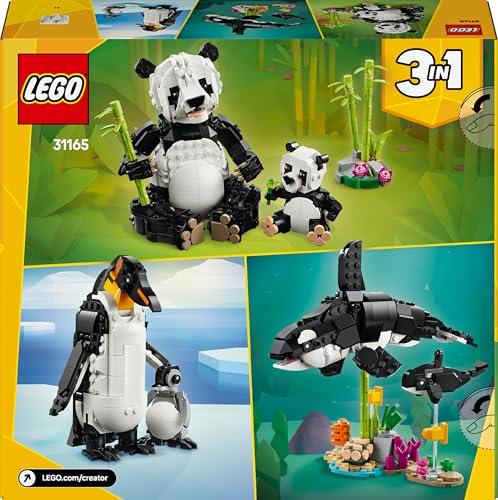 LEGO Creator 3in1 Wild Animals set featuring a panda family, penguin figures, and orca whale toys for creative play.