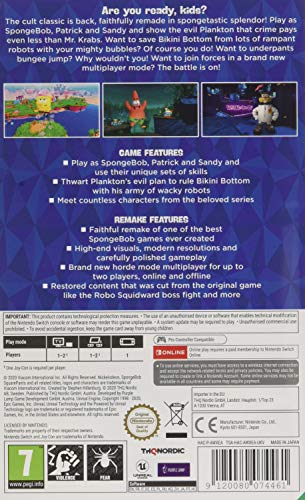 Nintendo Switch game cartridge for SpongeBob Squarepants: Battle For Bikini Bottom - Rehydrated by THQ Nordic, featuring SpongeBob and friends.