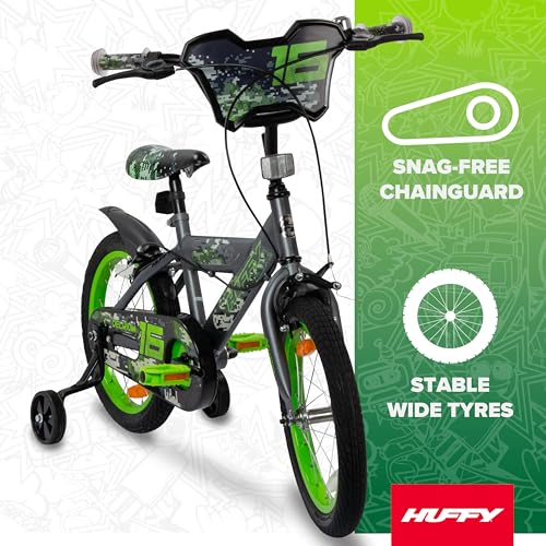Huffy Delirium 16-Inch Boys’ Bike, Durable Steel Frame, Dual Caliper Brakes, Removable Stabilisers, Single-Speed, Kids’ Bicycle for Ages 4-6, Storm Matte Grey & Lime Green