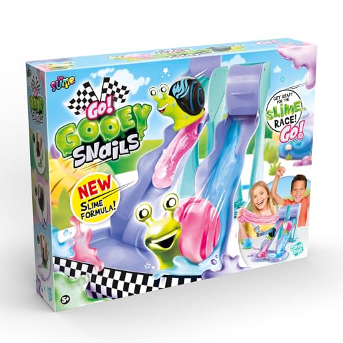 Colorful Go Gooey Snails slime race set by Canal Toys featuring squishy snails and racing tracks for children 5+ years.