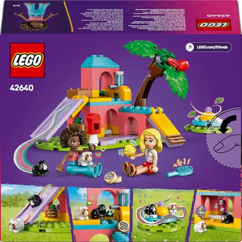 LEGO Friends Guinea Pig Playground set with 2 mini dolls, guinea pigs, and pet care accessories for imaginative play.