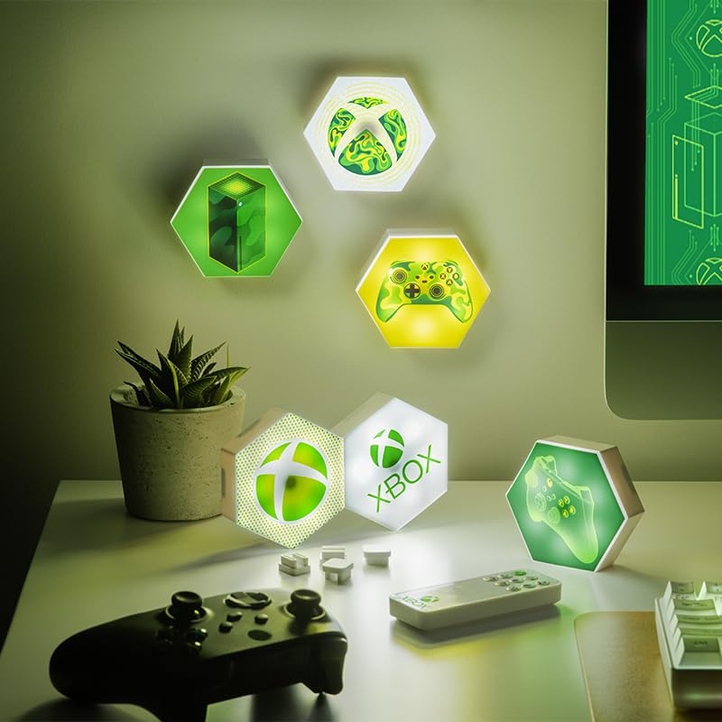 XBOX Paladone Hexagon LED Lights, Free Standing or Wall Mountable Customizable Game Room Decor Lighting with Remote-Controlled Light Phasing and Music Reactive Modes