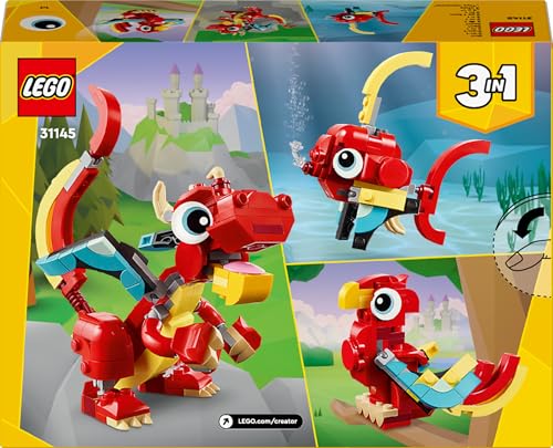 LEGO Creator 3in1 set featuring a red dragon, fish figure, and phoenix bird model for kids aged 6 and up.