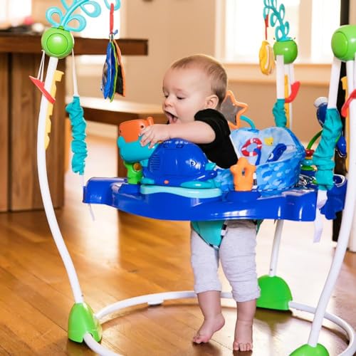 Baby Einstein Neptune's Ocean Discovery Activity Jumper with removable toys, colorful play center, adjustable heights, and 360° rotation for babies 6+