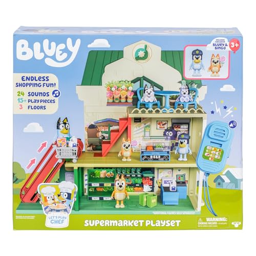 Bluey Supermarket Playset, 3 Different Levels With Exclusive Bluey and Bingo Figures. Includes Working Escalator, 24 Sounds and 15+ Play Pieces Plus Fun Intercom, Over 40cm (15") Tall.