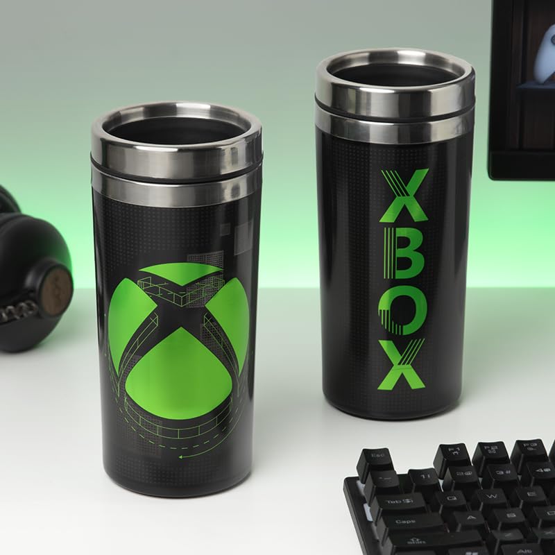 Paladone Xbox travel mug with Xbox logo, 450ml capacity, keeps drinks hot or cold, ideal for gamers and commuters.