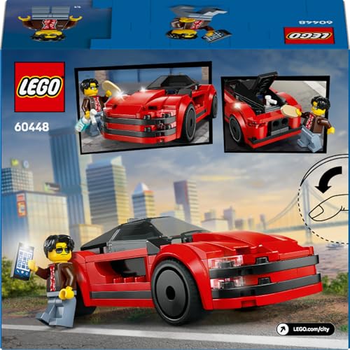 LEGO City red sports car toy with driver minifigure and accessories, designed for kids aged 5 and up.