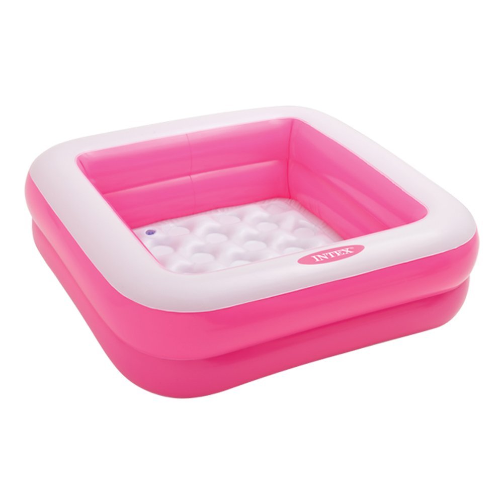 Intex inflatable square paddling pool in pink or lime green, measuring 86x86x25 cm, set up in a backyard.