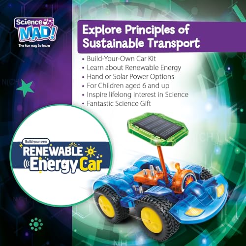 Science Mad DIY renewable energy electric car kit for kids with hand generator and 360° solar panel, STEM toy for ages 8+.