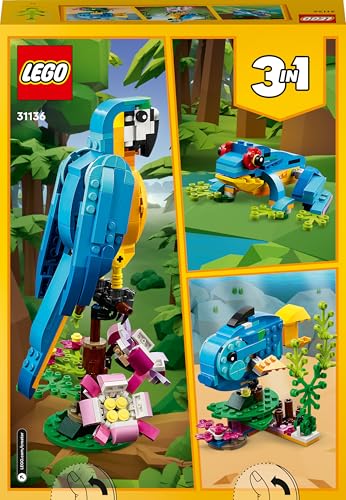 LEGO Creator 3 in 1 toy set featuring exotic parrot, frog, and fish animal figures for creative building fun.