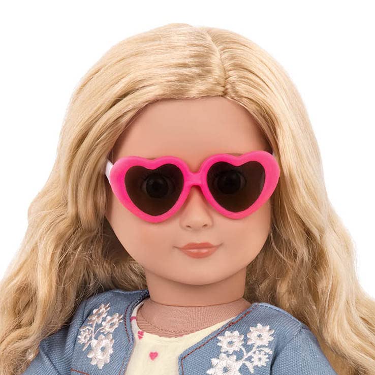 Our Generation 18-inch doll outfit featuring a bright jacket and dress combo, complete with accessories in a 5-piece set.