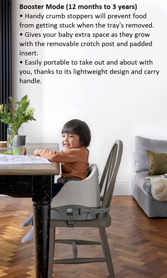Mamas & Papas Baby Bug Booster Seat for Dining, Detachable Tray, Harness, Adjustable Seat and Non-Slip Feet, Pebble Grey