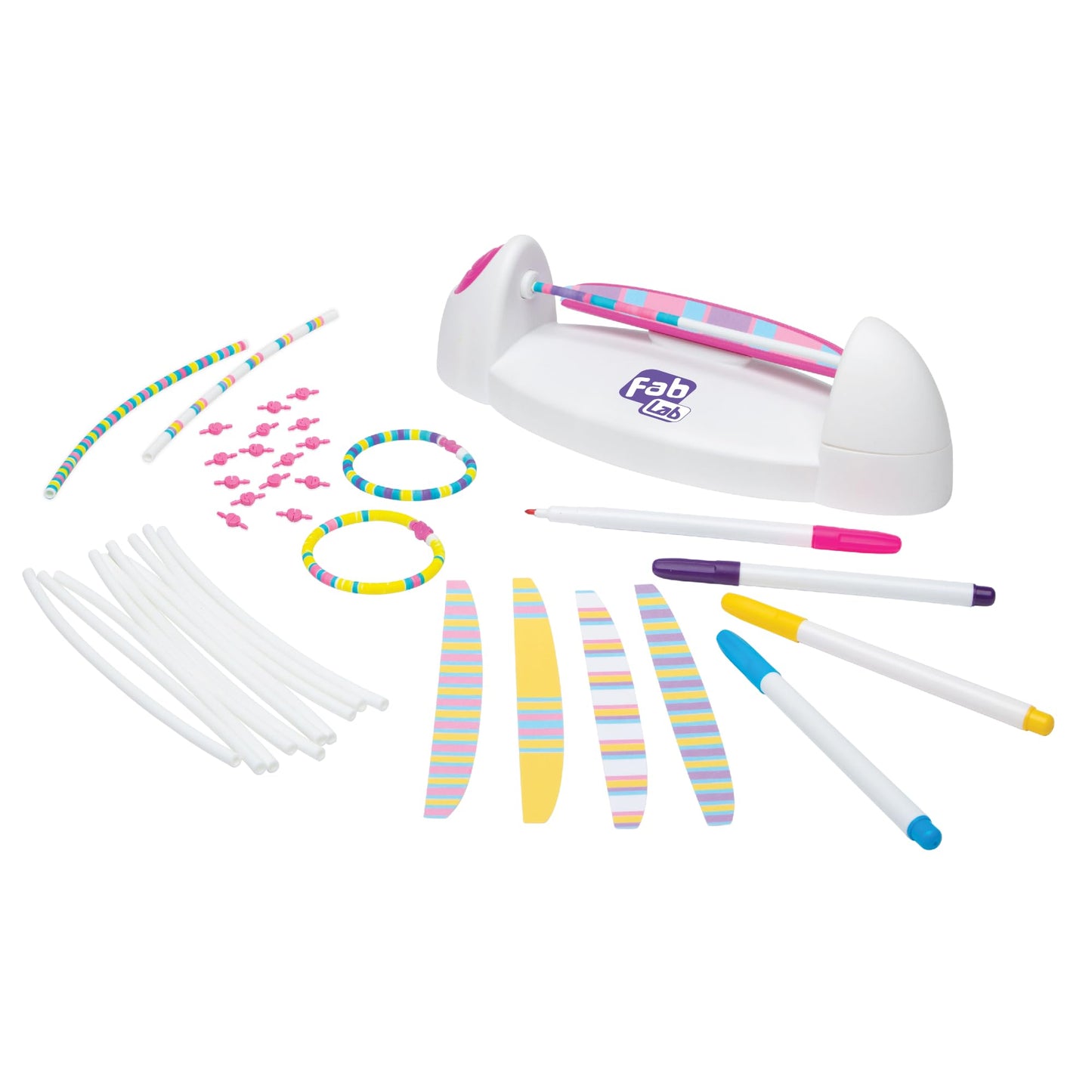 FabLab Colour Spin Bracelet Maker kit with colorful bracelets, showcasing vibrant, thread-free jewelry designs for kids ages 6+.