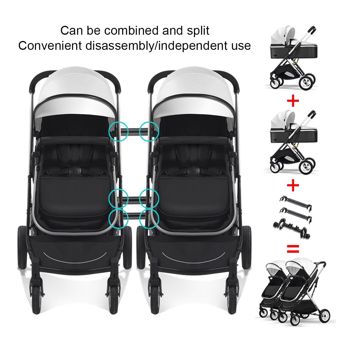 YCKEGEW Double Seat Twin Baby Stroller Luxury Carriage Tandem Pram Side By Side,Detachable Pushchair From Birth to 15 Kg,Infant Twins Stroller Can Sit Lie (Color : Nero)