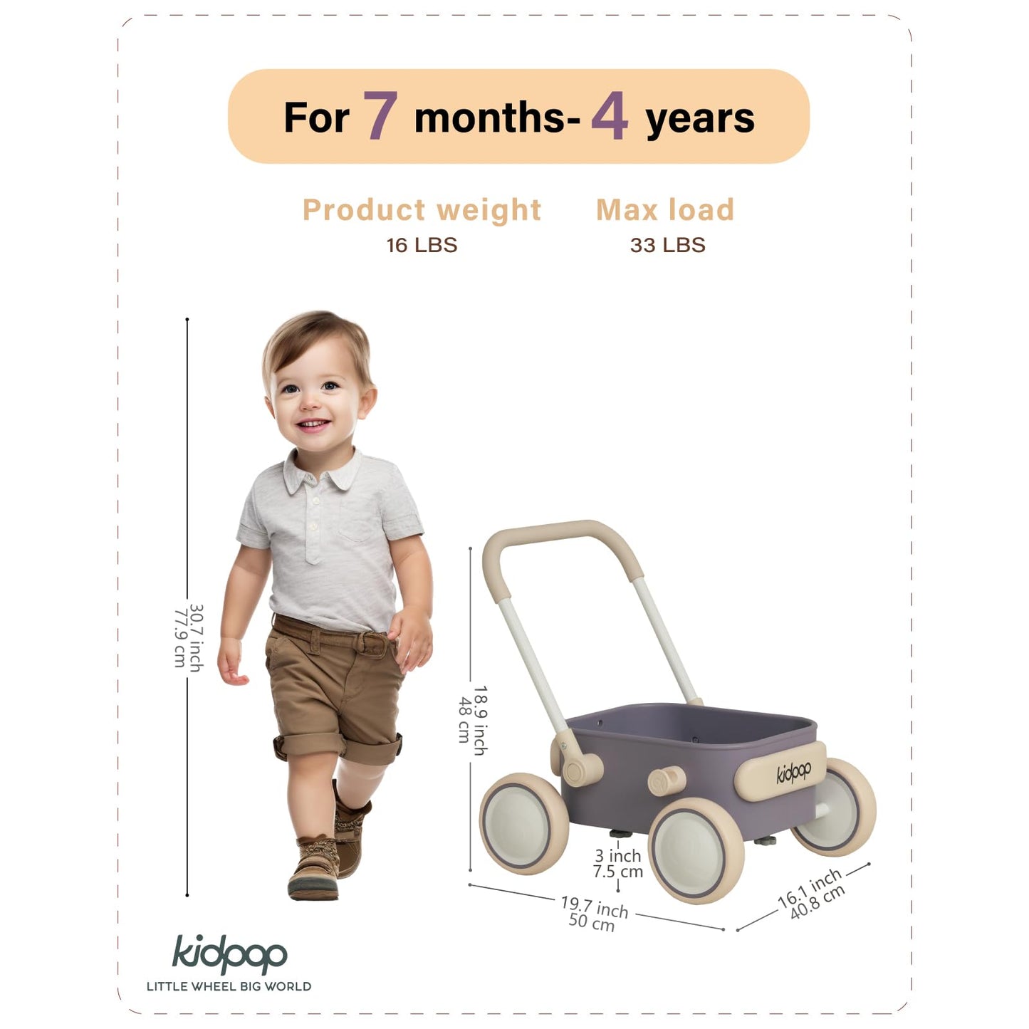 Kidpop PULA baby walker wagon with wheels, purple toddler balance wagon for 7 months to 3 years, suitable for boys and girls.