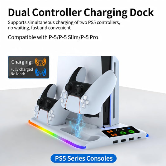TicEaik PS5 stand with vertical cooling fans, dual controller charger, 3 USB, 1 Type-C port, and LED light for PS5/Slim/Pro consoles