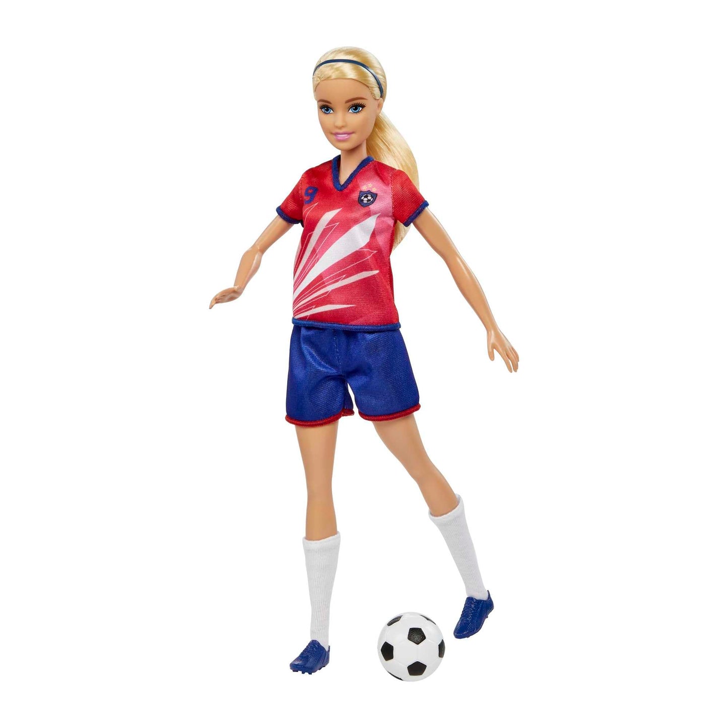 Barbie Careers soccer player fashion doll with blonde ponytail, #9 uniform, tall socks, cleats, and soccer ball.