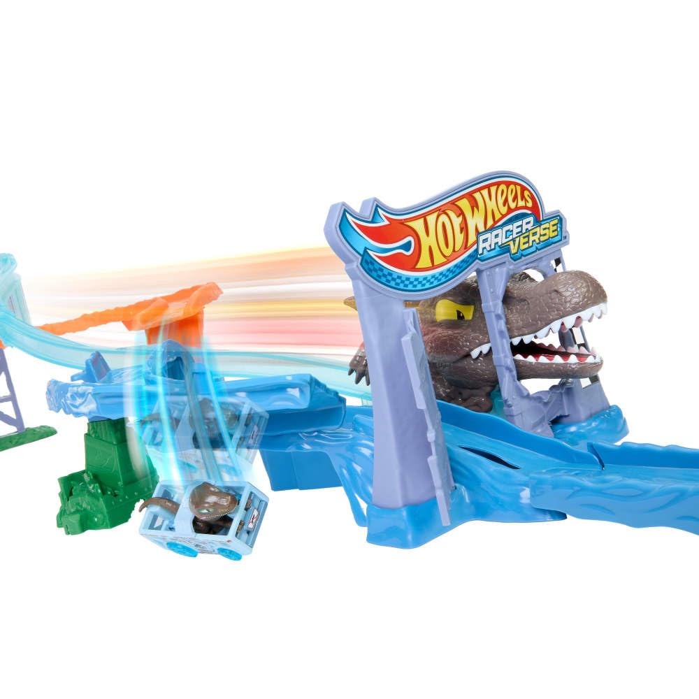 Hot Wheels Toy Car Track Set, RacerVerse Jurassic World Crash & Splash Playset with Die-Cast Velociraptor Vehicle, Dinosaur Race with Spinosaurus, JFP32
