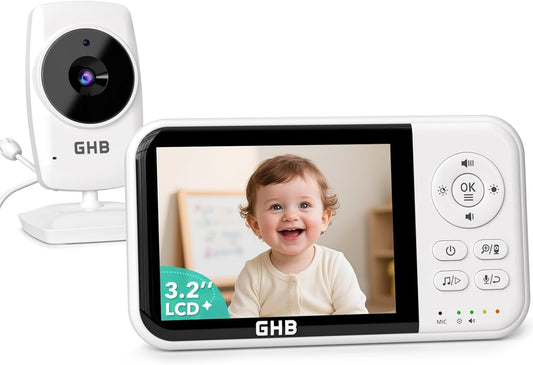 GHB baby monitor with camera, night vision, 3.2-inch screen, two-way audio, temperature sensor, zoom, lullabies, and feeding reminder