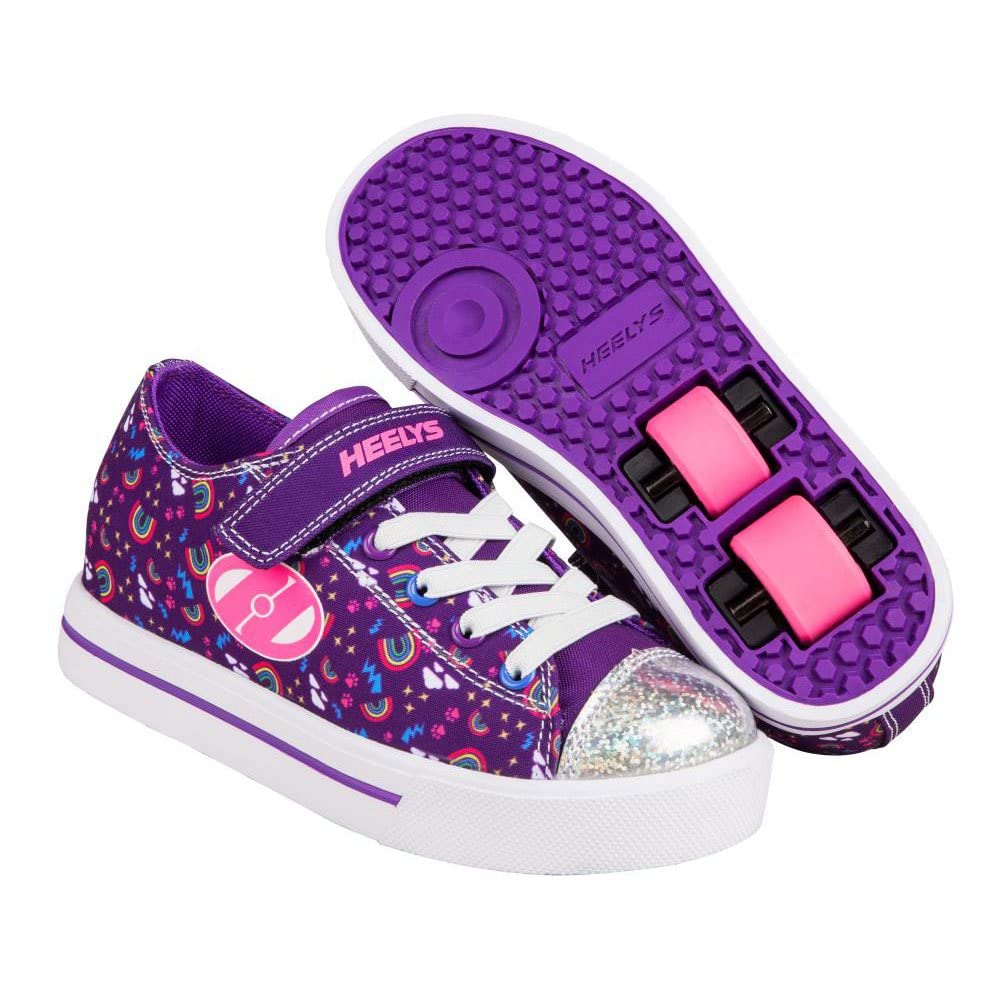 Heelys Girl's Snazzy X2 sneaker in purple multi rainbow with wheels, designed for children, size 1 UK.