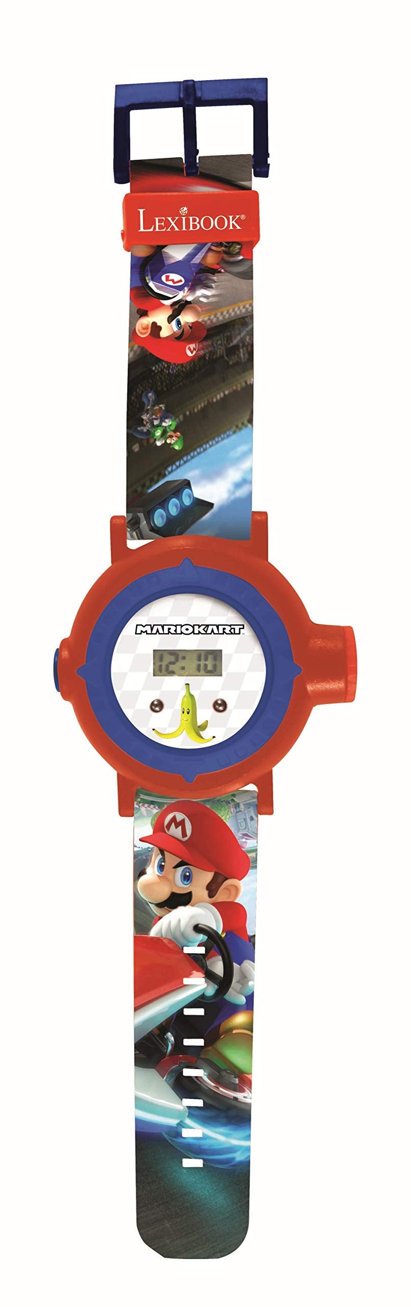 Lexibook Nintendo Mario Kart projection watch for children with digital screen, featuring Mario Kart images in red and blue.
