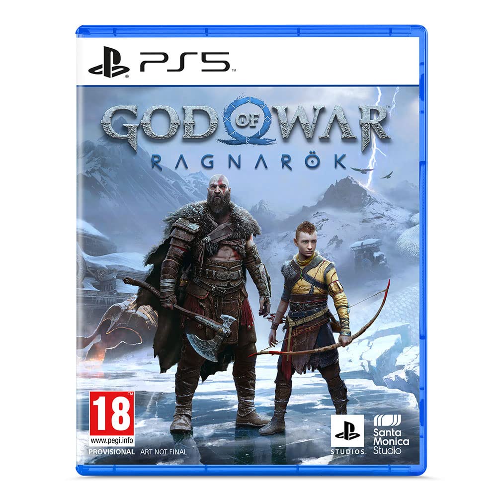 PlayStation God of War Ragnarök for PS5, featuring Kratos and Atreus in a dynamic action scene with detailed game artwork.