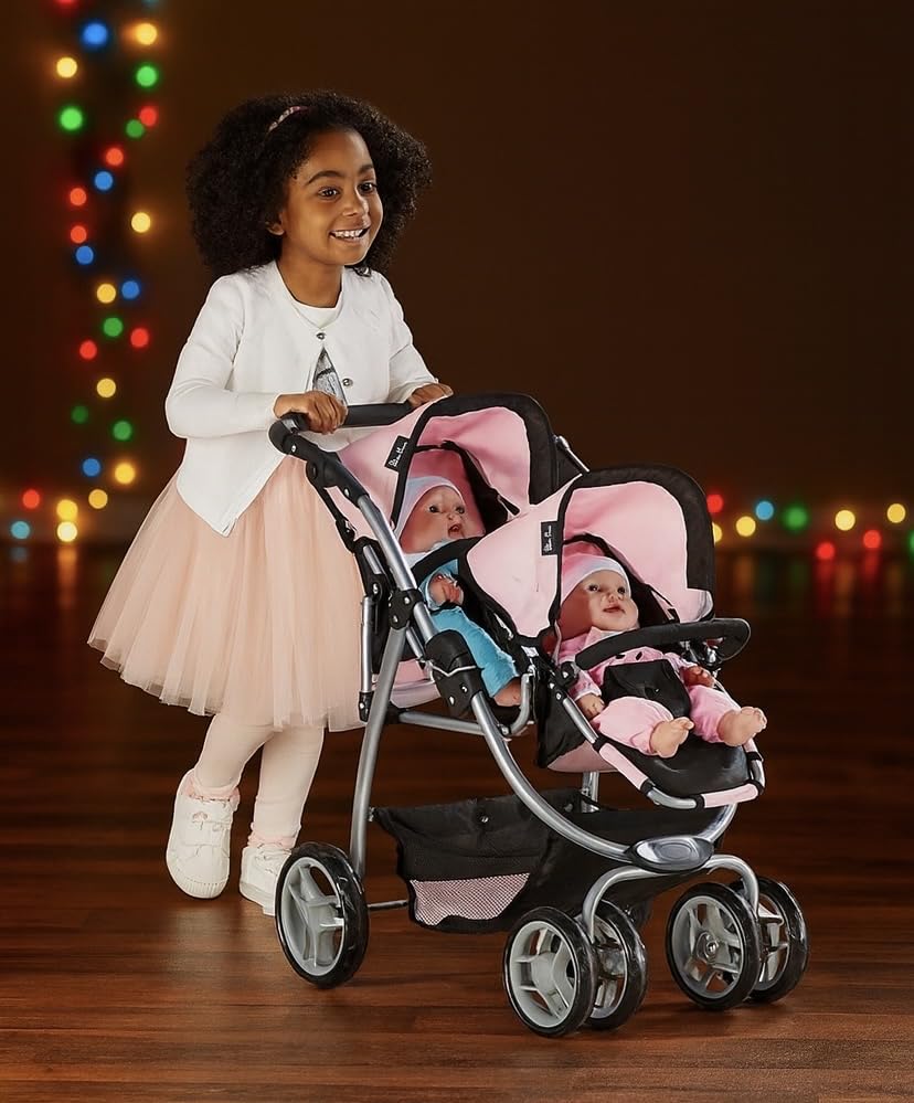 Silver Cross Twin Wave Dolls Stroller, Pink and Black Double Pushchair with Silver Frame, Age 3+, 67L x 46W x 73H cm