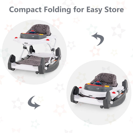 INFANS 5-in-1 baby walker in grey with adjustable height, removable music tray, washable seat, and foldable activity center for toddlers