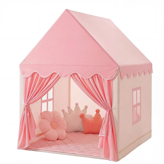 Pink Wilwolfer kids play tent with princess design, indoor toddler playhouse for girls, featuring colorful fabric and playful decor.