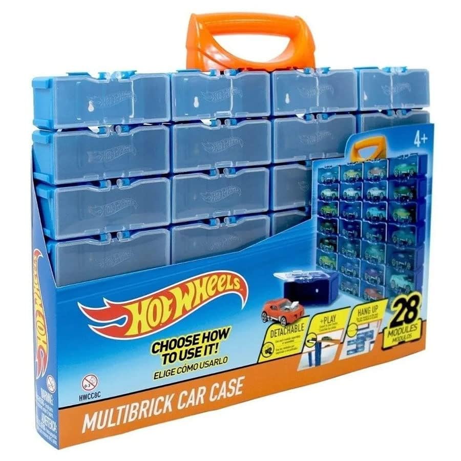 Hot Wheels Multibrick car case I Stores up to 28 cars I Connects with tracks I Play and Build, Multi-Coloured (HWCC8C) - Includes a carry handle