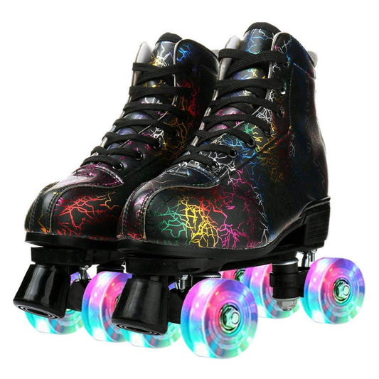 KALINU unisex black lightning pattern roller skates with double row four wheels, high-top design for men, women, boys, and girls.
