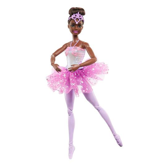 Barbie Dreamtopia Twinkle Lights Ballerina Doll with brunette hair, purple tutu, and light-up feature, wearing a removable headband.