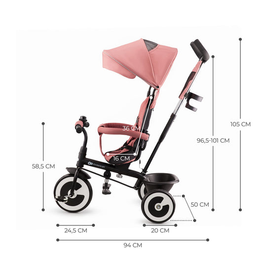 Kinderkraft Aston Tricycle, Baby Push Trike, Kids First Bike, Free Wheel Functions, Parenthandle, Footrest, Accessories, Bag, Cupholder, from 9 Months to 5 Years, Pink