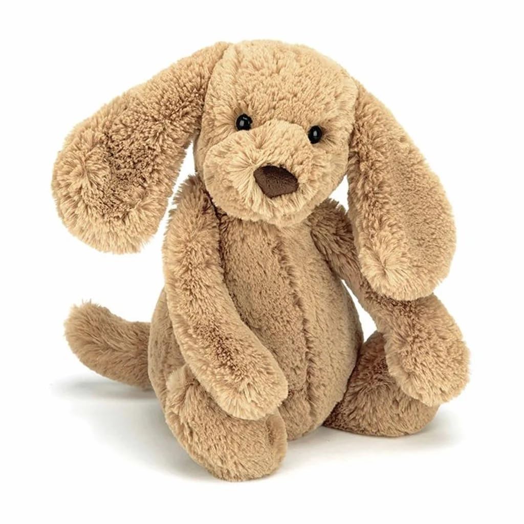 Jellycat Bashful Toffee Puppy plush toy, medium size, soft brown fur, floppy ears, and a cute smiling face.