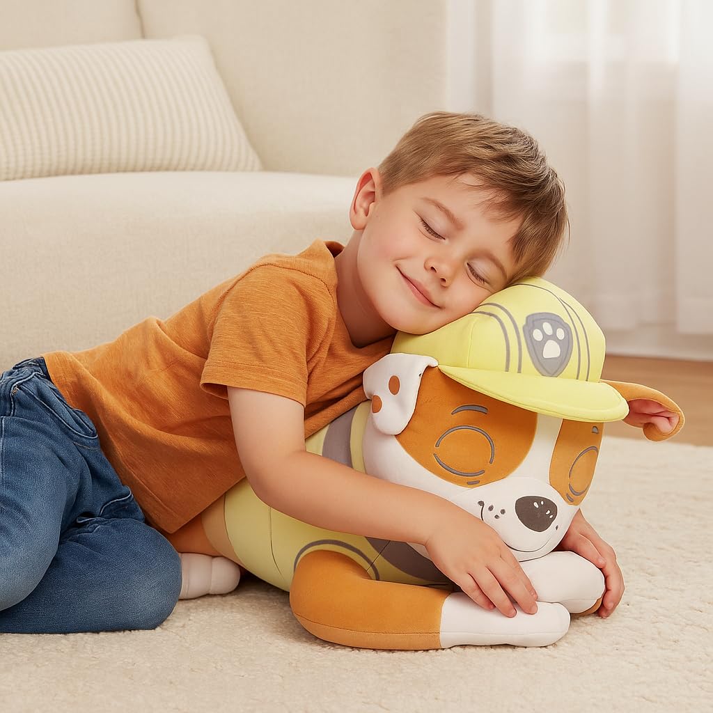 Paw Patrol Rubble Calm Cuddly Plush Toy - 48cm Sleepy Weighted Pup Character for Bedtime Calming & Snuggles - Hand-Washable Official Licensed Paw Patrol Soft Toys for Boys and Girls Aged 3+