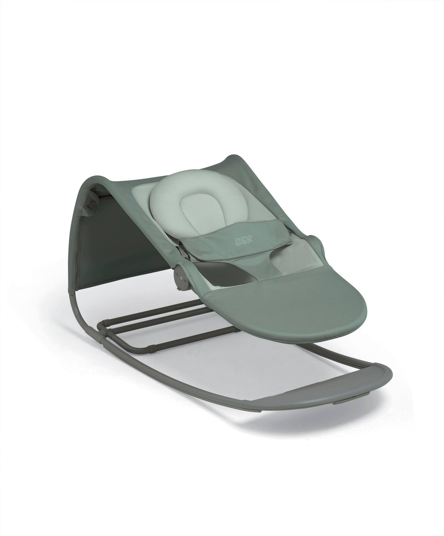 Mamas & Papas Tempo 3-in-1 baby rocker and bouncer with lightweight frame, 3-point harness, and removable magnetic toy bar in Ivy color.