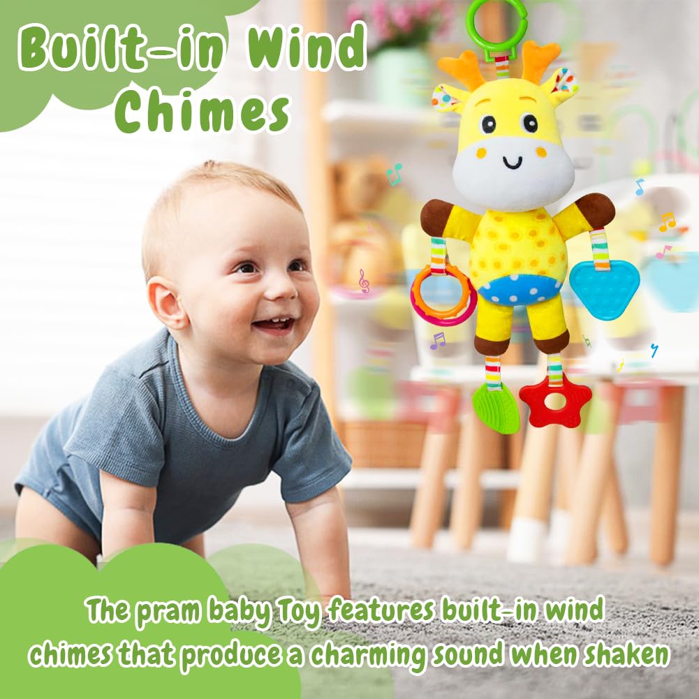 MIFKLMV baby pram toy with plush giraffe stuffed animal, soft hanging rattle, clip-on interactive toy for infants 0-6 months