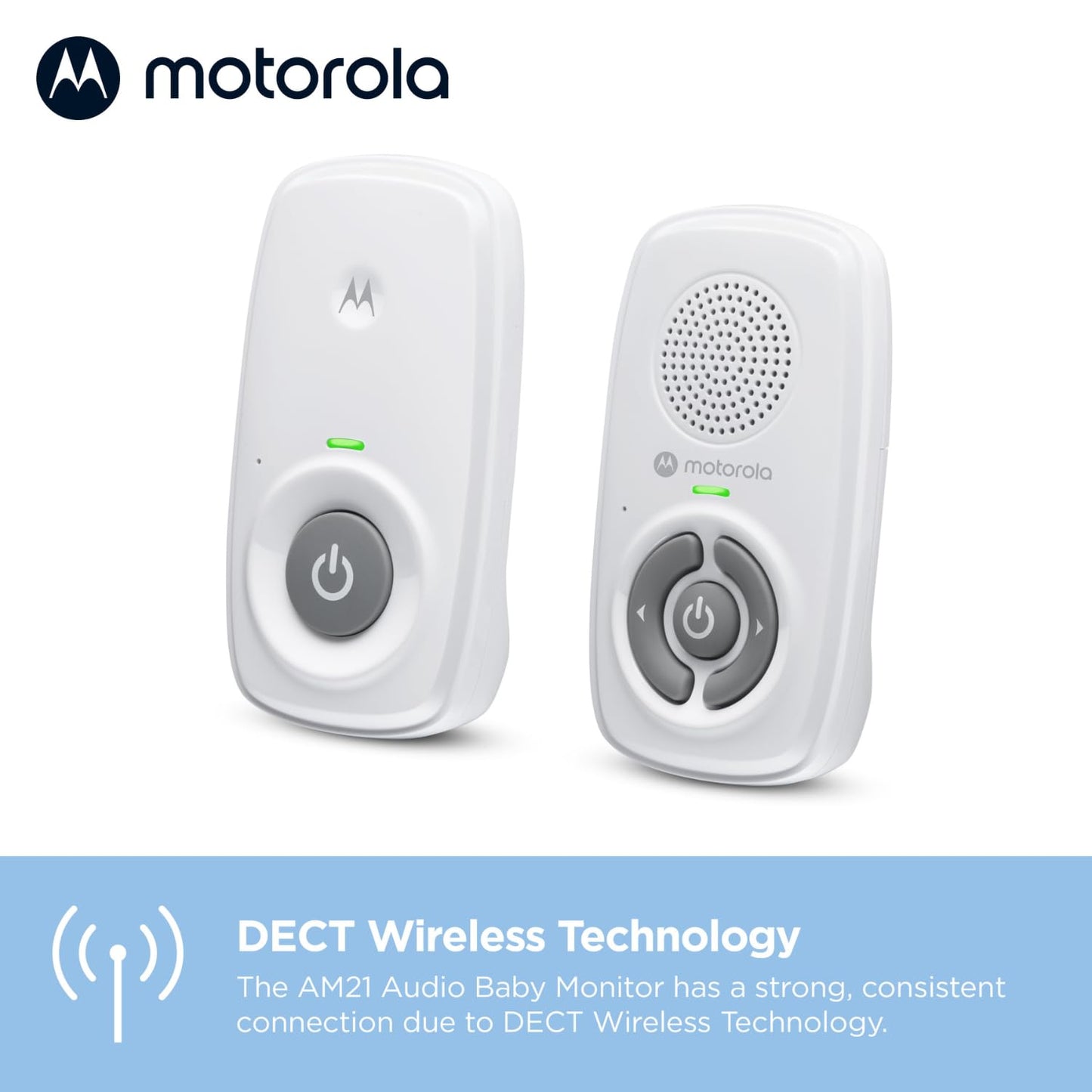 Motorola Nursery AM21/MBP21 digital baby monitor with white casing, high sensitivity microphone, and 300-meter range.