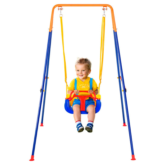 VEVOR Swing Sets for Backyard, 3-in-1 Toddler Swing Set with 4 Sandbags, Foldable Metal Stand, Easy to Assemble, Swingset Indoor/Outdoor for Kids Aged 3+