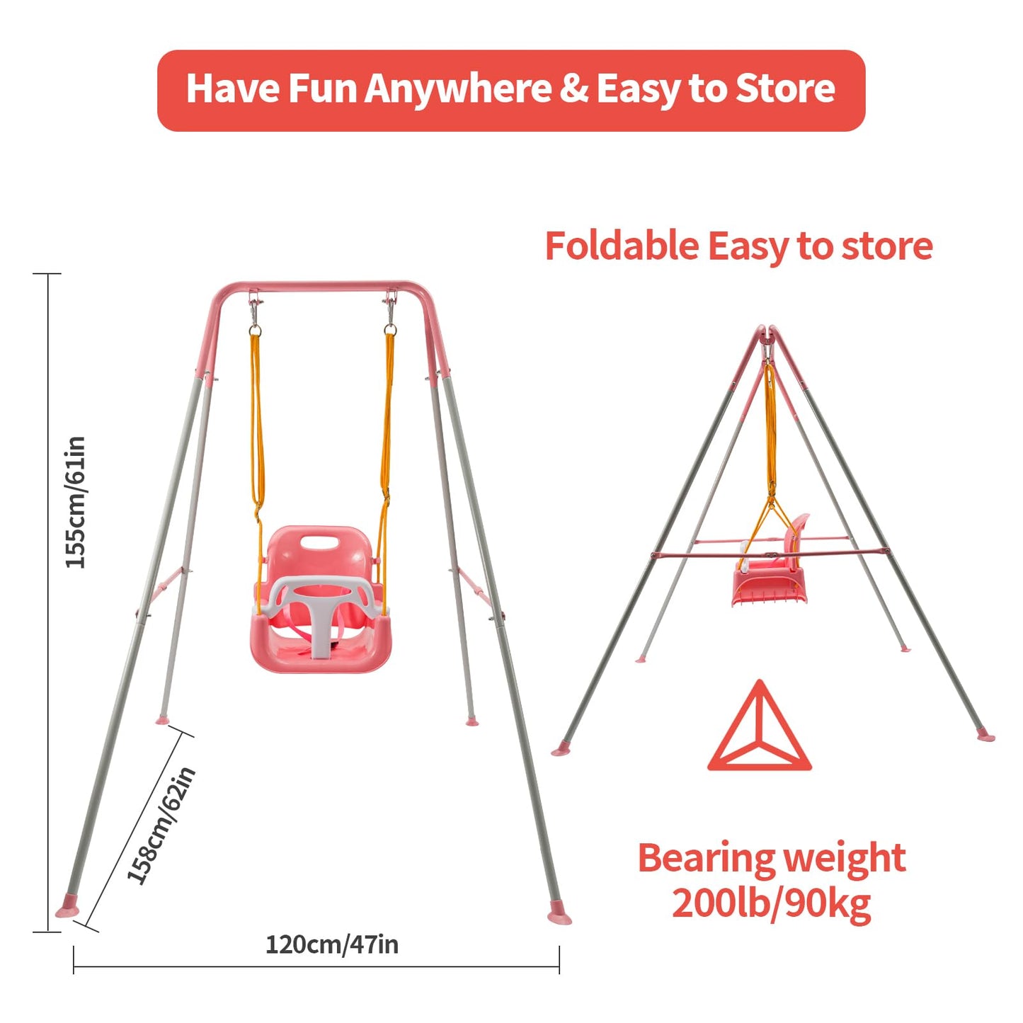 SUNNYNEST Toddler Swing Heavy-Duty Kid Swing with Safety Harness 158CM Folding Swing Set Outdoor Garden or Home Play Equipment Children Indoor Swings for 3-in-1 Toddler Swing Set (Pink)