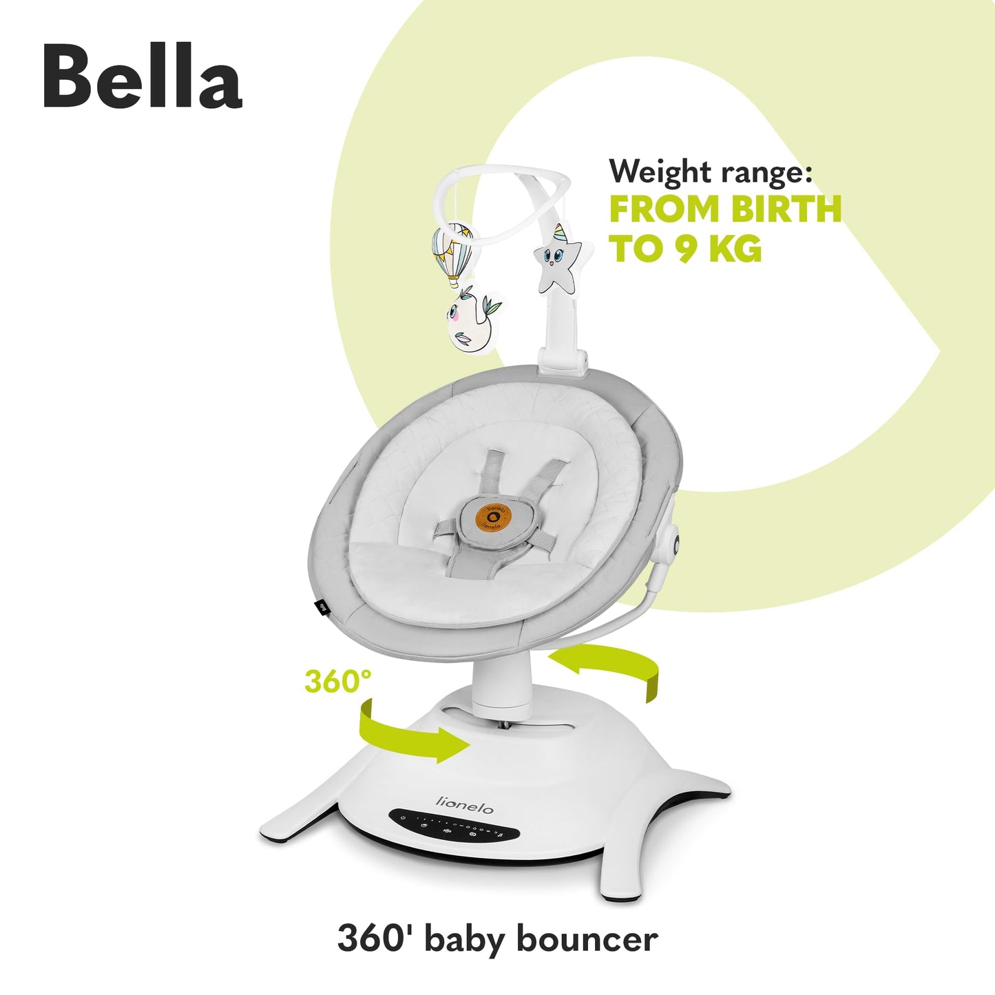 Lionelo Bella electric baby bouncer with 360° seat, safety harness, remote control, multiple swing motions, melodies, and adjustable backrest.