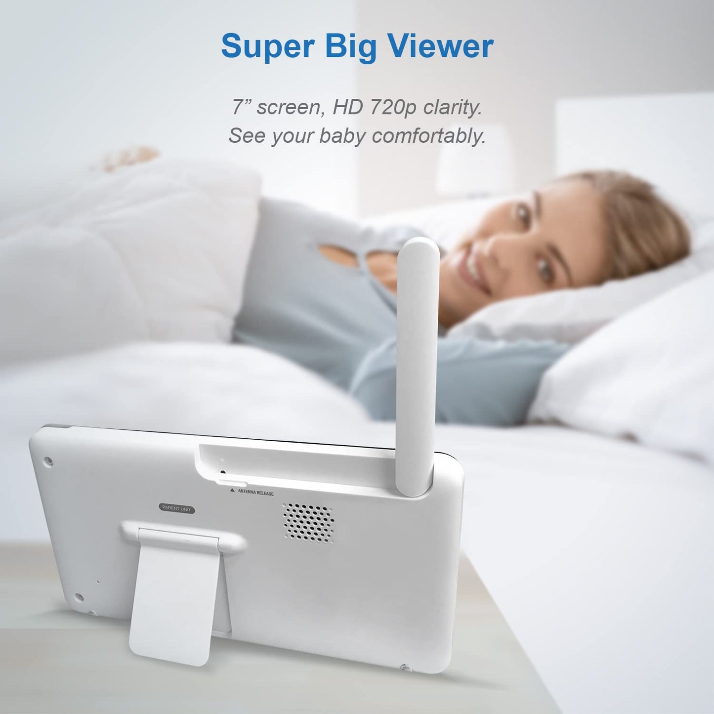 VTech RM7764-2HD baby monitor with two cameras, 7-inch HD display, night vision, pan-tilt, zoom, and two-way audio.