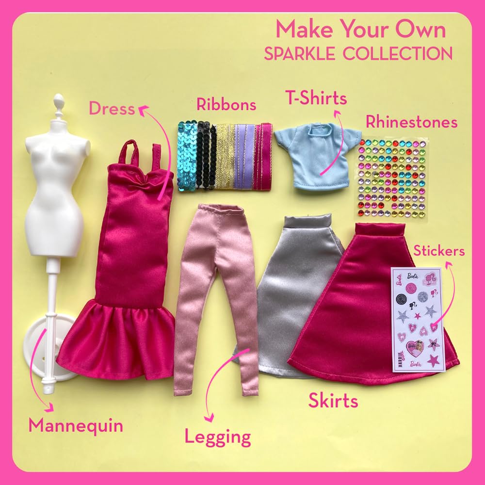 Barbie DIY Sparkle Fashion Designer Set with 130 pieces including rhinestones, ribbons, and a mannequin for doll clothes.