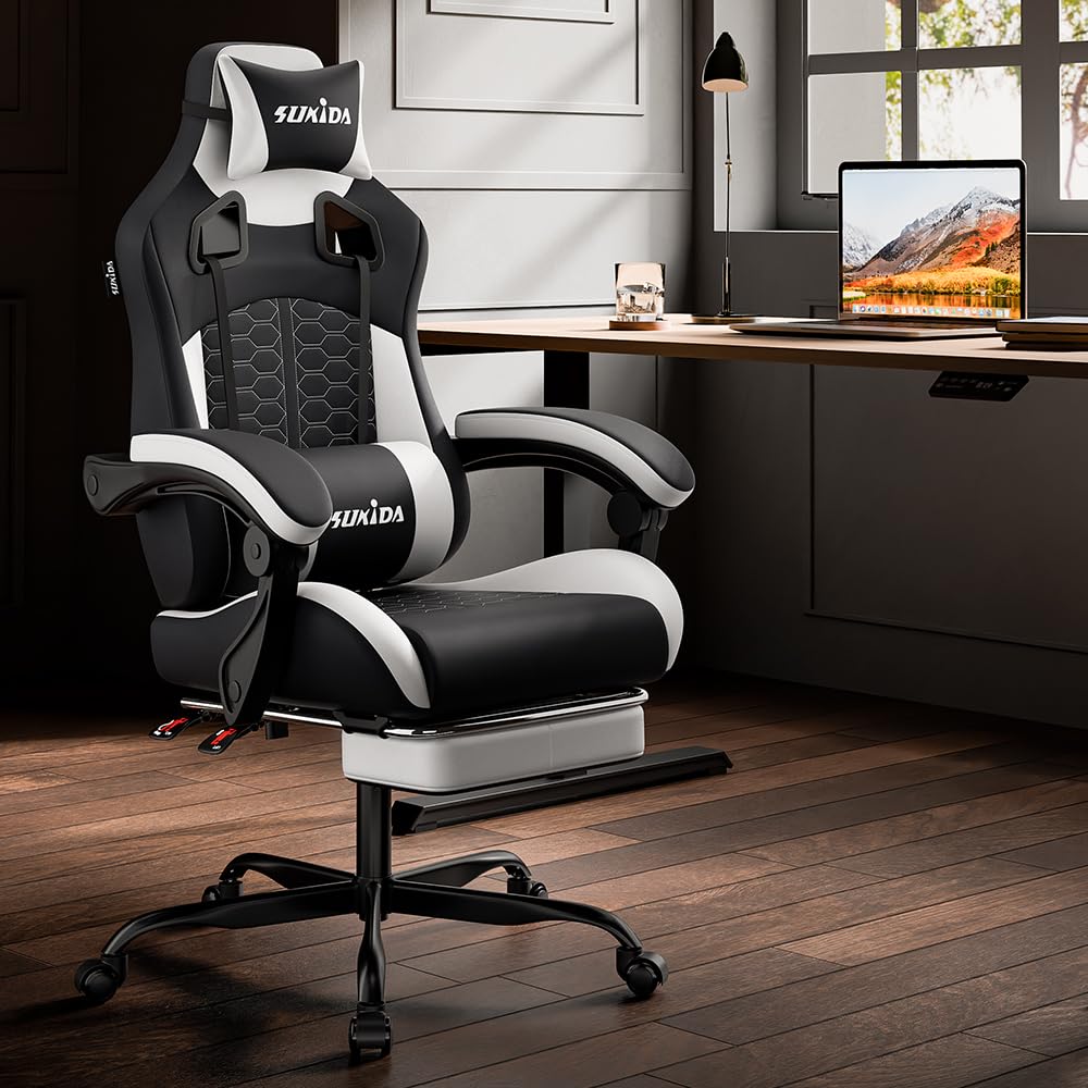 SUKIDA ergonomic gaming chair with adjustable headrest, lumbar support, footrest, and massage feature, ideal for PC office use.
