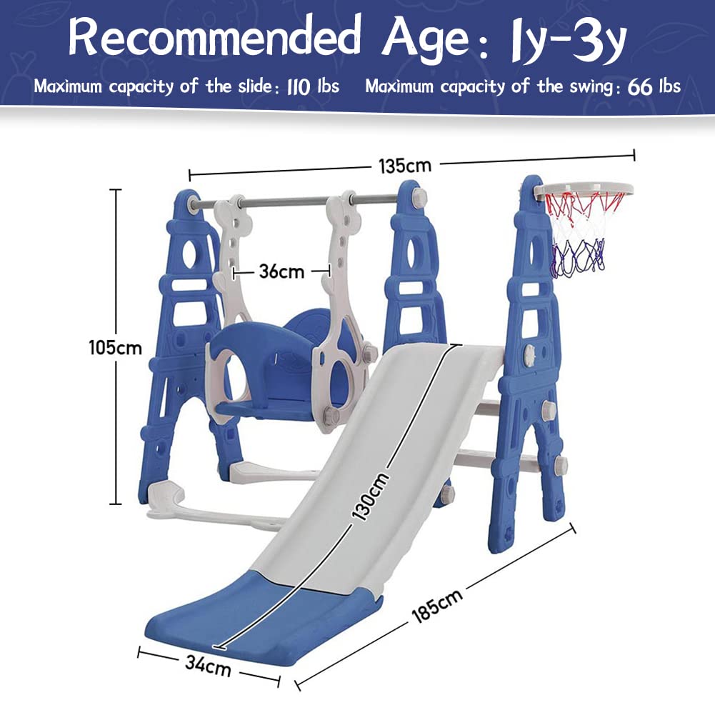 FUKEA Kids Slide, Large 4 in 1 Toddler Slide, Climber & Swing Set with Basketball Hoop, Garden Climbing Frames, Slide for Children Age 1-3 Indoor & Outdoor, for Kids (Blue)