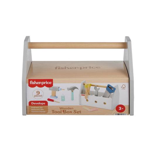 Fisher-Price wooden pretend play tool box with drill and construction tools, 9-piece set for preschool kids ages 3 and up