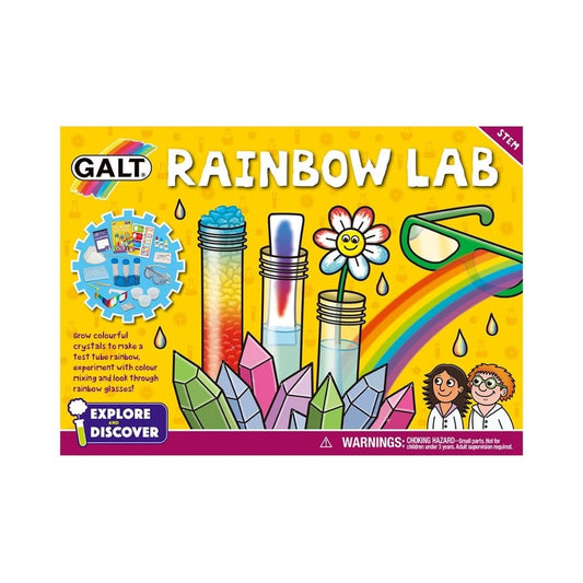 Galt Rainbow Lab children's science kit with colorful crystals, featuring 12 STEM experiments for kids ages 5 and up.