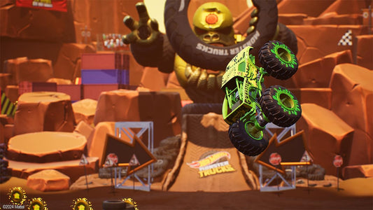 Hot Wheels Monster Trucks: Stunt Mayhem Deluxe Edition game for Nintendo Switch showing colorful truck gameplay and vibrant graphics.