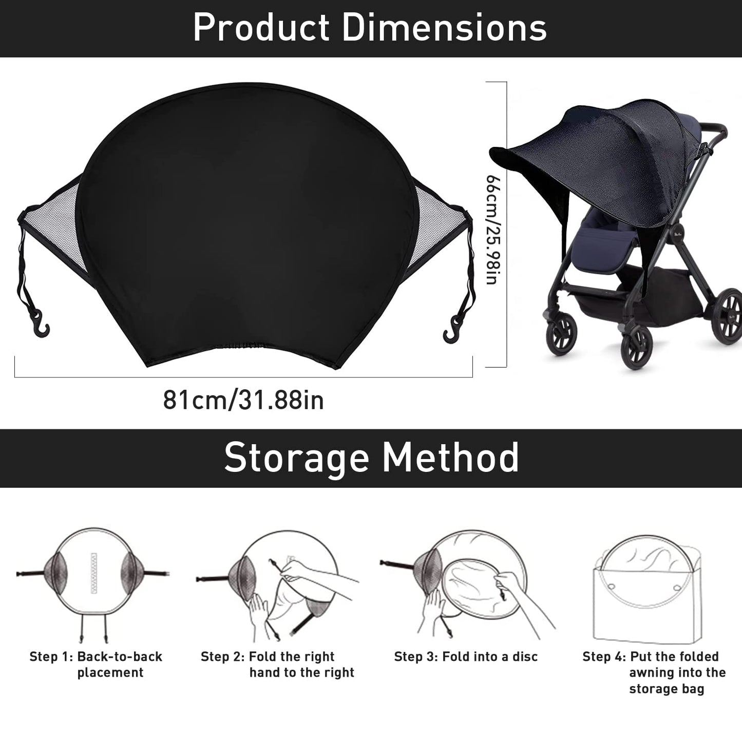 Black Esteopt pram sun shade cover with UPF50+ sun protection, breathable, foldable stroller sunshade canopy for baby strollers.