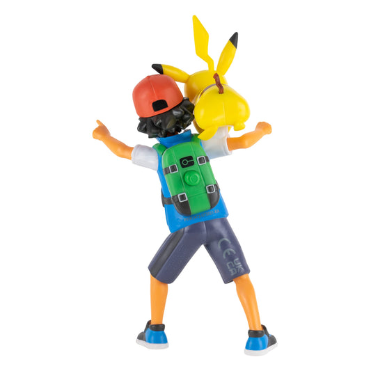 Pokémon 4.5-inch Ash figure with 2-inch Pikachu in action pose for battle, showcasing detailed character design and features.